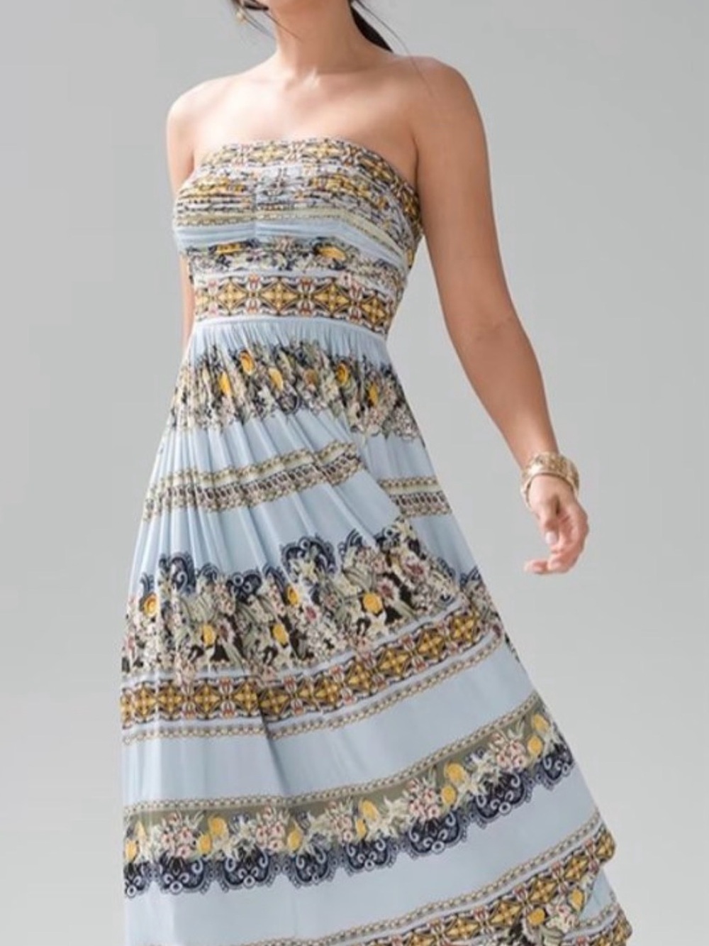 White House Black Market Floral Pleated Strapless Dress